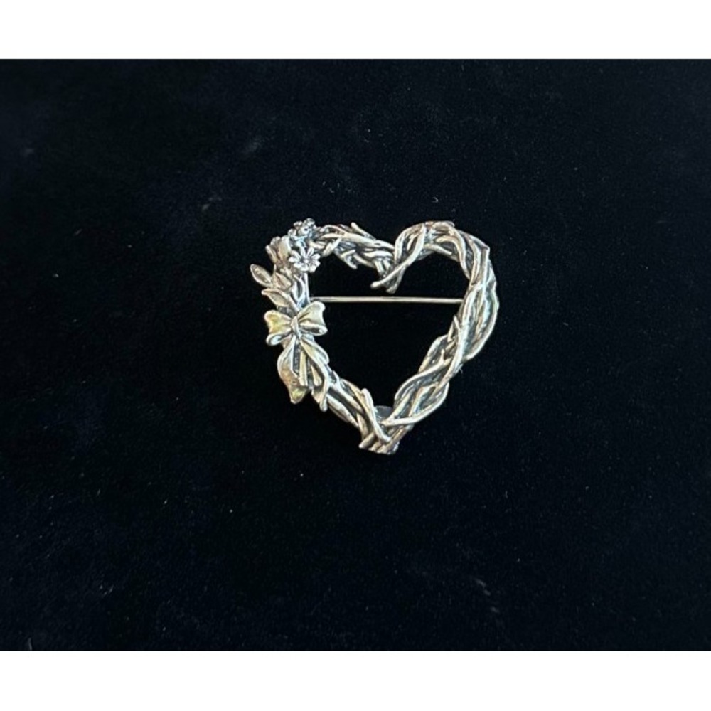 HAND & HAMMER 925 Sterling Silver Heart Brooch Pin Hand Forged Vintage‎ Floral - Picture 2 of 3